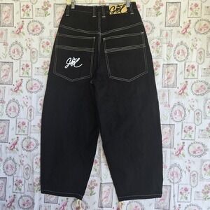 Y2K Black Baggy Jeans Wide Leg Contrast Stitch Embroidered Gone Logo Size‎ Small